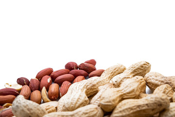 Peanuts in shell isolated on white background. Heap of peanuts close up	