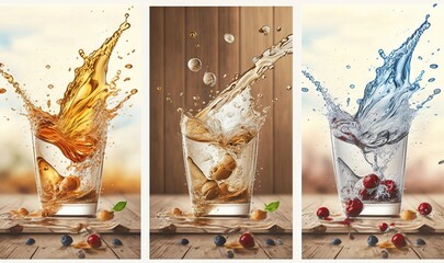  a series of three pictures of a glass of water with cherries and a splash of water on the glass and a wooden table with a wooden background.  generative ai
