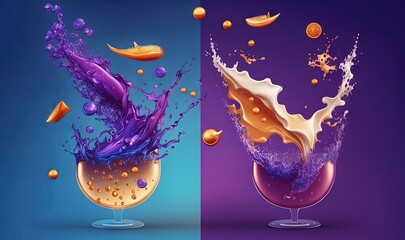  a glass of liquid with a splash of orange and a splash of blue on the side of the glass with a splash of orange on the side.  generative ai