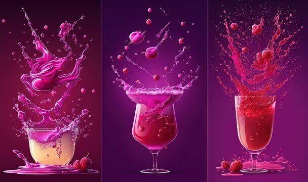  three different shots of liquid pouring into a glass with strawberries on the side and a splash of liquid on the glass with strawberries on the side.  generative ai