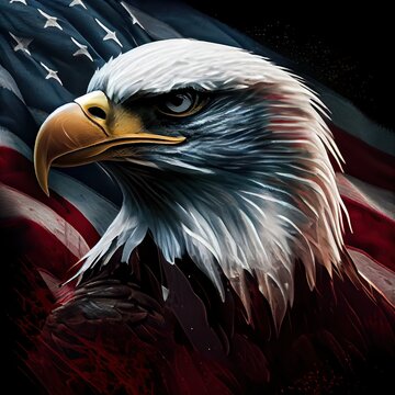 eagle and USA flag national poster. American Bald Eagle - a symbol of America with flag. Bald eagle on american flag background created. Generative AI