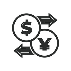 Vector illustration. Currency exchange. Money conversion. Dollar to yen yuan icon isolated on white background. Dollar to yuan exchange icon with arrow CNY JPY USD
