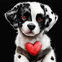 watercolor portrait of a Dalmatian puppy with a red heart on a black background. generative AI