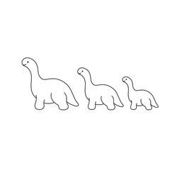 Vector isolated three dinos family big and small father mother baby in row one after other colorless black and white contour line easy drawing
