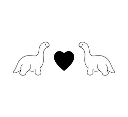 Vector isolated two mirror dinos in love  with heart symbol between them colorless black and white contour line easy drawing