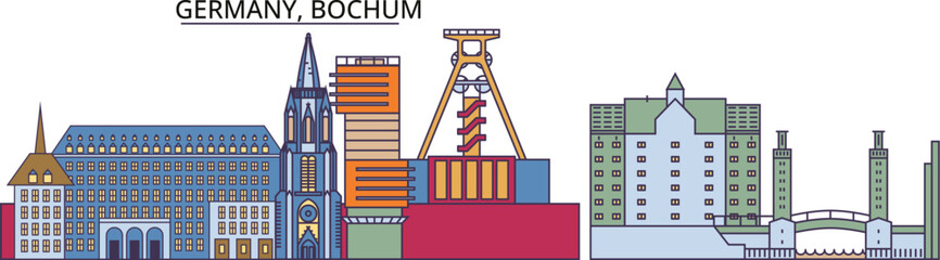 Germany, Bochum tourism landmarks, vector city travel illustration - obrazy, fototapety, plakaty
