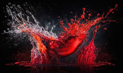  a red liquid splashing out of a red vase on a black background with a reflection of a red object in the water and a black background.  generative ai