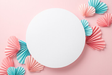 Mother's Day celebration concept. Top view photo of white empty circle pink and blue origami paper hearts on isolated pastel pink background with copyspace