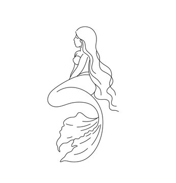 Vector isolated one single sitting beautiful mermaid girl woman with fish tail colorless black and white contour line easy drawing
