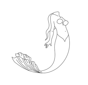 Vector isolated one single swimming beautiful mermaid girl woman with fish tail colorless black and white contour line easy drawing