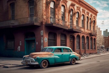 Plakat photo of old car standing on road on street near building, created with generative ai