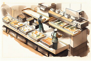Watercolor Illustration of a A Safe Working Environment With A Long Factory Assembling Conveyor Line. Generative AI
