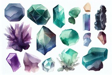 Watercolor Illustration of a Assorted Raw Fluorite Crystals Isolated On White Background. Generative AI