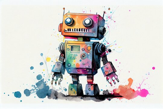 Watercolor Illustration of a Beautiful Cute Robot On A White Background. Generative AI