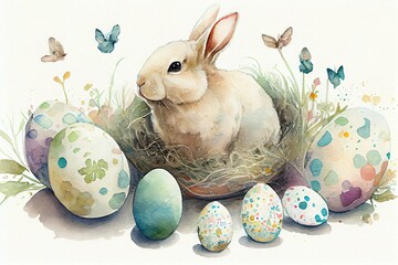 Watercolor Illustration of a Bunny Delight: Easter Eggs Galore. Generative AI