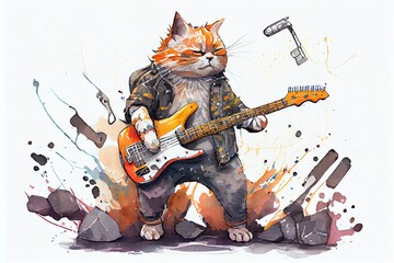 Watercolor Illustration of a Cat Dressed Up As A Rock Star, Playing A Guitar With Its Claws Illustration. Generative AI