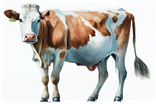 Watercolor Illustration of a Cow Isolated On White, White Background. Generative AI