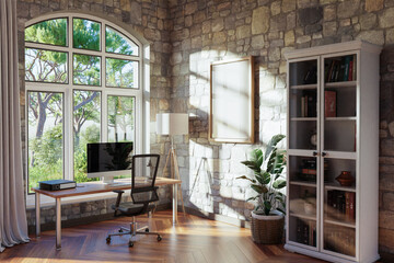 comfortable workplace with pc standing on wooden desk in office at home; bright sunlight shines through large window; wall with canvas copy space;  remote work freelance concept; 3D Illustration