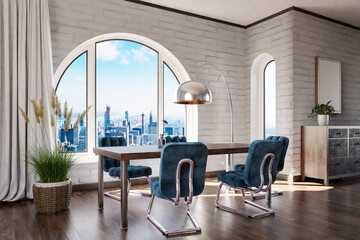 luxurious loft apartment with arched window and panoramic view over urban downtown; noble dining room interior design mock up; 3D Illustration