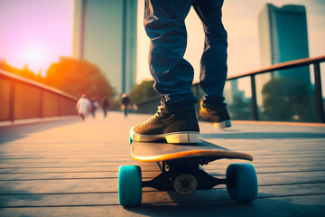 Fototapeta premium Skateboarder legs skateboarding at skate park on the background of the sidewalk of the city street. Generative AI