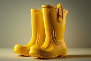 Yellow rubber boots on the light yellow background. Generative AI