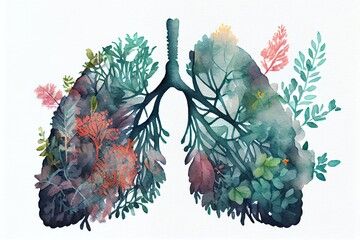 Watercolor Illustration of a Lungs Made From Flowers And Nature. Air Pollution Concept. Generative AI
