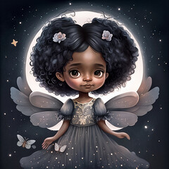 Beautiful little angel with wings in the night sky on the background of the moon, illustration for children's book. Generative AI.