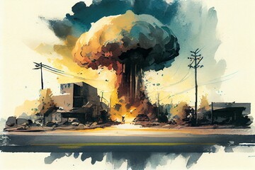 Watercolor Illustration of a Mushroom Cloud After Atomic Bomb Explosion In City. Generative AI