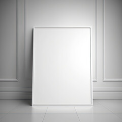 Blank white picture/art frame leaning against a white wooden wall. Mock up template for Design or product placement created using generative AI tools