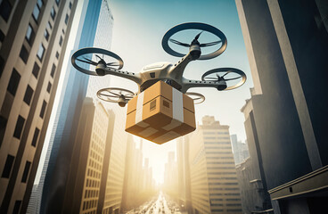 Delivery Drone Flying Delivering Package in Big City Passing Through Tall Buildings created by generative AI