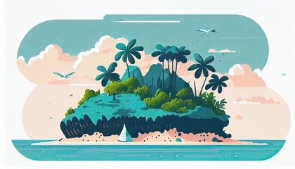Summer travel adventure flat landscape. Sea island background. Enjoy the summer travel postcard. Summertime holiday voyage concept. Generative Ai