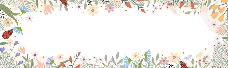 Spring banner floral decoration with cute multicolored blooming flowers .border on white background.Vector horizontal banner Summer flora frame, Beautiful botanical for Mother day,Womens Day,Valentine