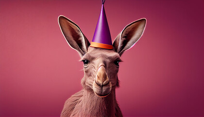 Kangaroo with birthday hat mauve background, copy space, Generative AI