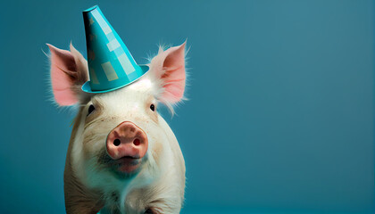 Pig with birthday hat turquoise background, copy space, Generative AI