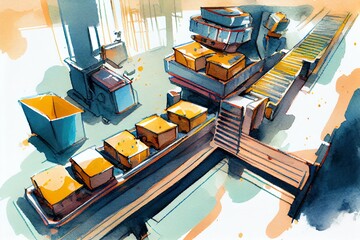 Watercolor Illustration of a The Future Of Manufacturing: A Modern Automated Conveyor Line Solution. Generative AI