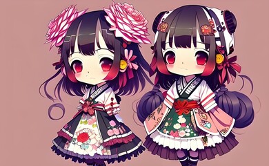 Cute anime Japanese girl with pink flowers background, generative ai.	