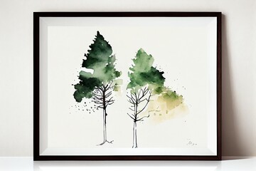 Watercolor Illustration of a Trees, Minimalist Art, Wall Decor. Generative AI