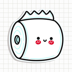 Cute toilet paper sticker. Vector hand drawn cartoon kawaii character illustration icon. Isolated on blue background. Toilet paper character concept