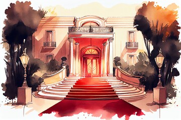 Watercolor Illustration of a Vip Luxury Entrance With Red Carpet. Generative AI