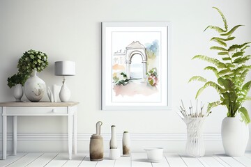 Watercolor Illustration of a White Frame In A Bright Modern Interior Mockup. Generative AI