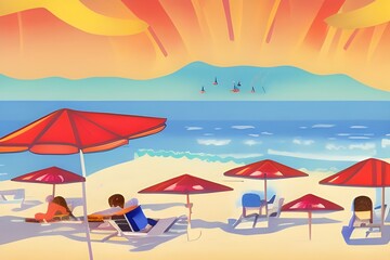 Fototapeta na wymiar Menschen am Strand mit Sonnenschirmen im Urlaubsfeeling, farbenfroh, generative AI