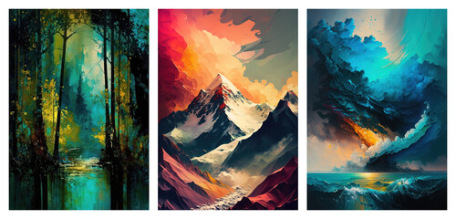 Set of abstract landscapes art posters, colorful texture, background for cards, concept art, generative ai