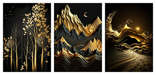 Set of abstract landscapes art posters, gold and black texture, concept art, generative ai	
