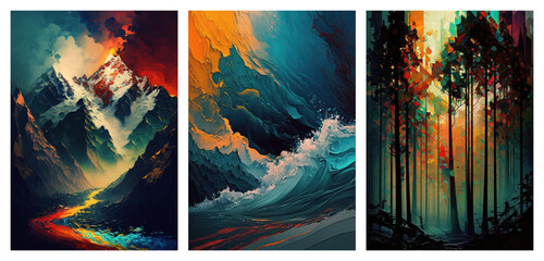Set of abstract landscapes art posters, colorful texture, background for cards, concept art, generative ai