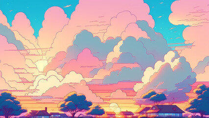 アニメ調　夕焼け　マジックアワー　空　雲　黄昏Anime style sunset magic hour sky cloud twilight