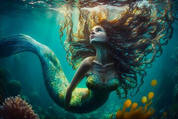 Beautiful mermaid girl with red long curly hair swims underwater in the ocean in a coral reef. Generative AI © aapsky