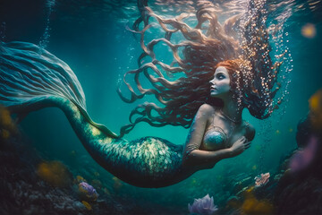 Beautiful mermaid girl with red long curly hair swims underwater in the ocean in a coral reef. Generative AI