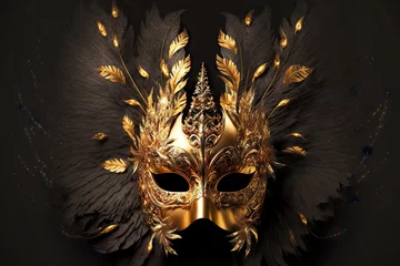 Fotobehang gold carnival mask with black plumage, created with generative ai © primopiano