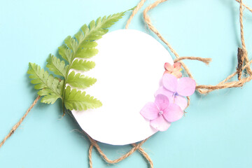 view from above flat lay photo of ordinary object on blue background