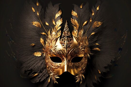 gold carnival mask with black plumage, created with generative ai